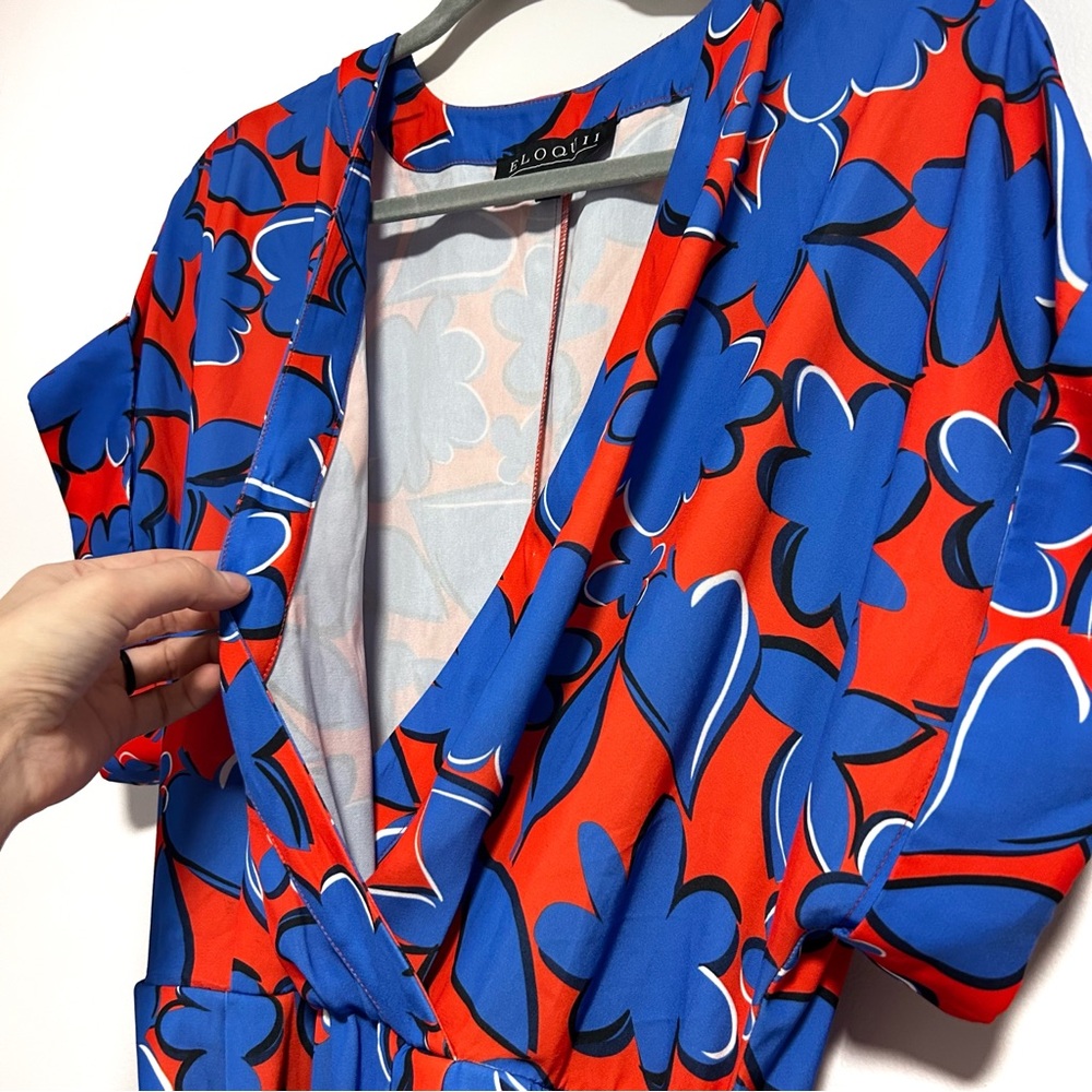 Eloquii Dress Women’s Size 14 Red Blue Floral Wrap Short Sleeve Stretch Plus - Picture 9 of 10